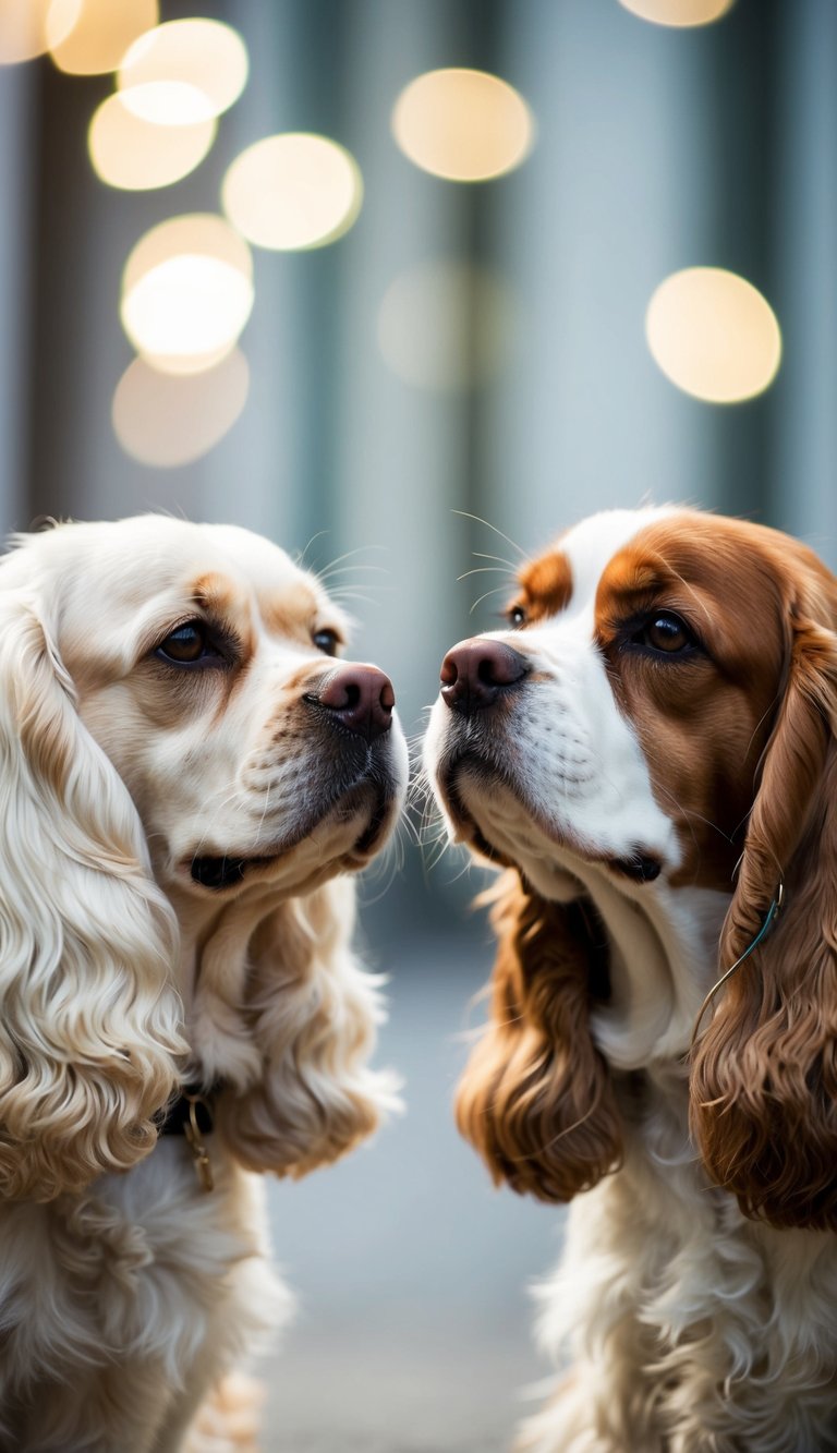 Two elegant spaniels face off, displaying their distinct features and personalities. The Cavalier King Charles Spaniel exudes regal charm, while the American Cocker Spaniel exudes playful energy
