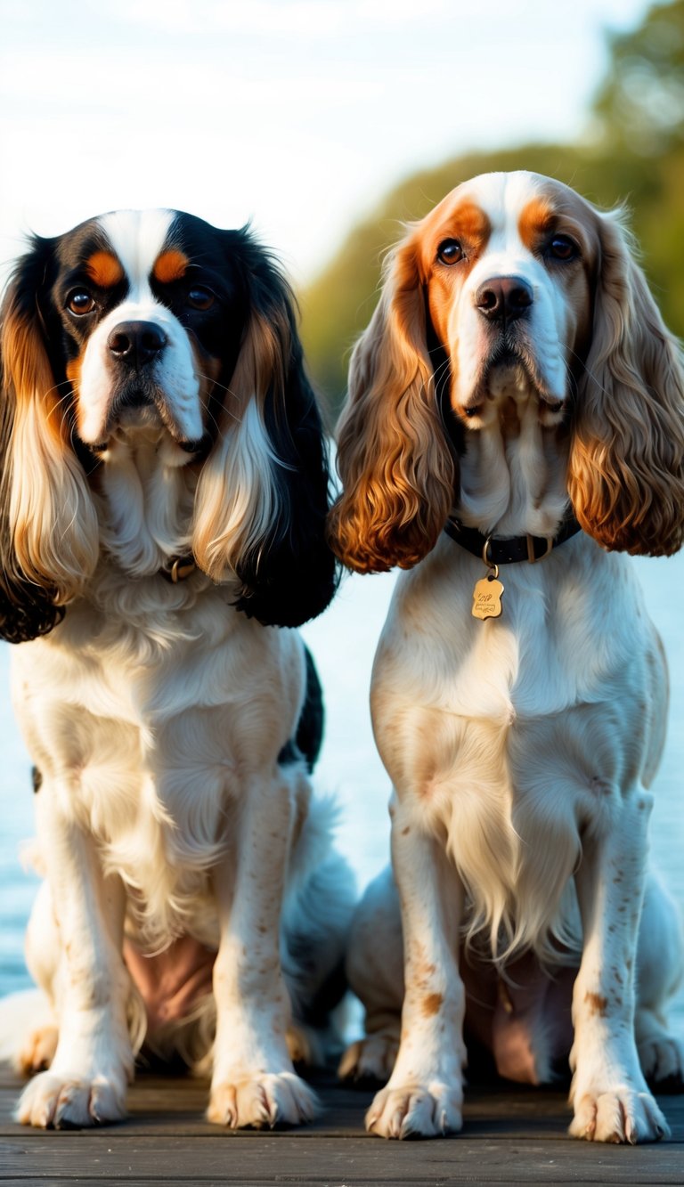 Two elegant spaniels stand side by side, showcasing their distinct features and coat colors. The Cavalier King Charles Spaniel exudes grace and poise, while the American Cocker Spaniel exudes confidence and energy