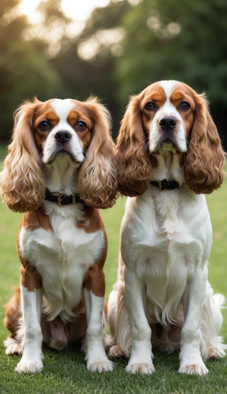 Two dogs, one Cavalier King Charles Spaniel and one American Cocker Spaniel, standing side by side, facing the viewer. The Cavalier is smaller with a flatter face, while the Cocker is larger with a more pronounced snout