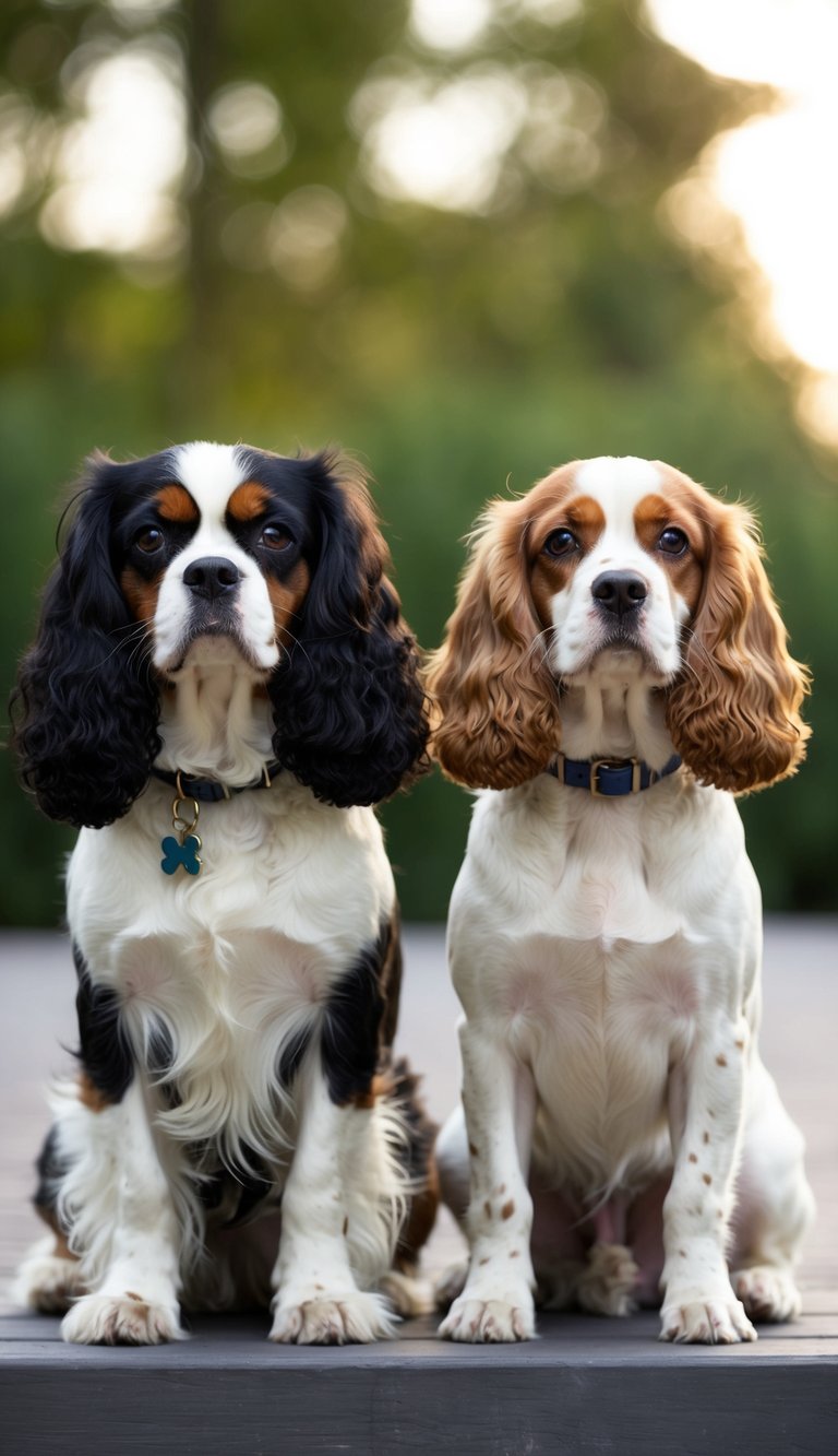 A Cavalier King Charles Spaniel and an American Cocker Spaniel sitting side by side, each displaying their unique temperament and personality traits through their body language and facial expressions
