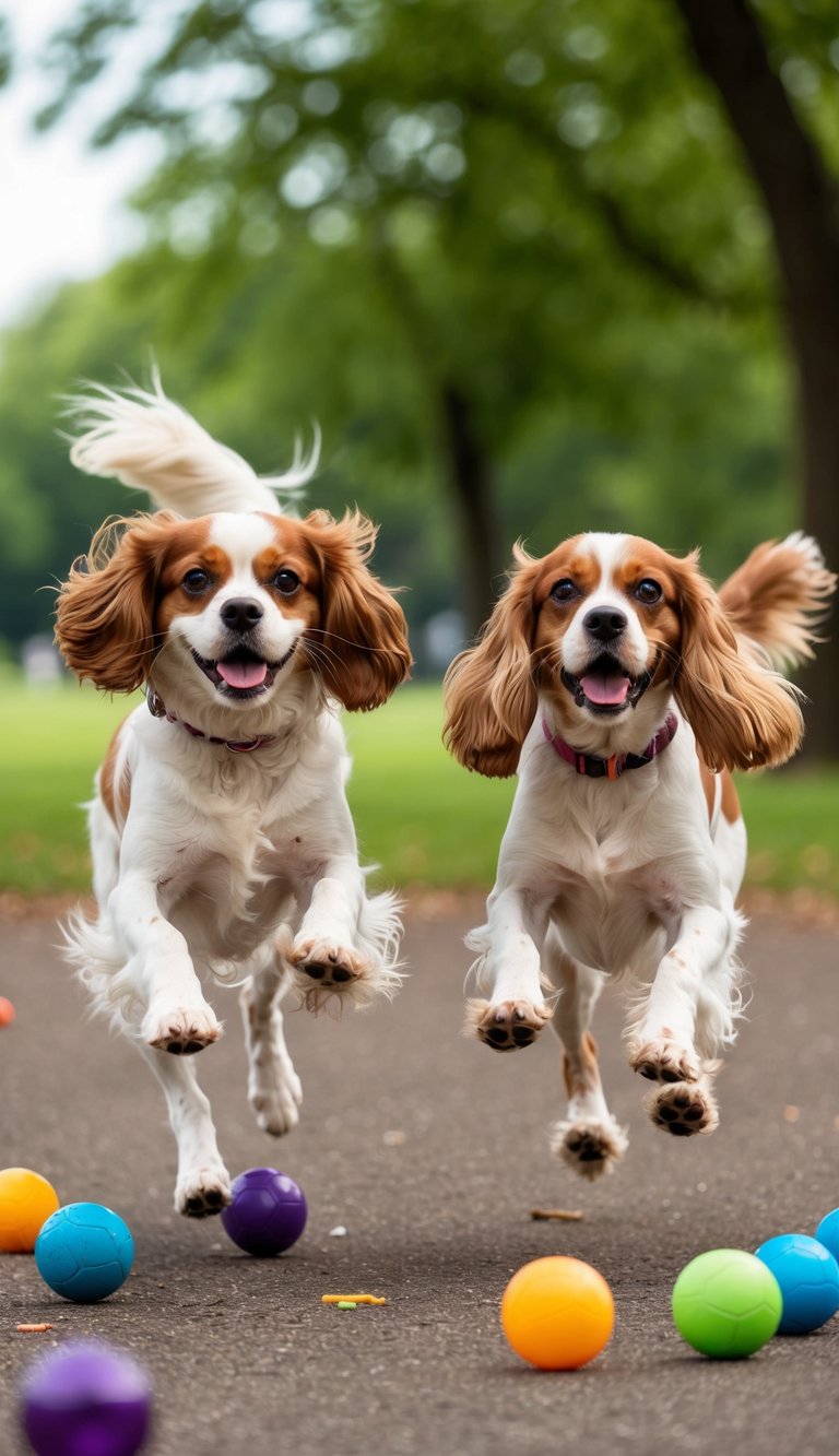 Two playful dogs, a Cavalier King Charles Spaniel and an American Cocker Spaniel, running and jumping in a park, with toys scattered around them