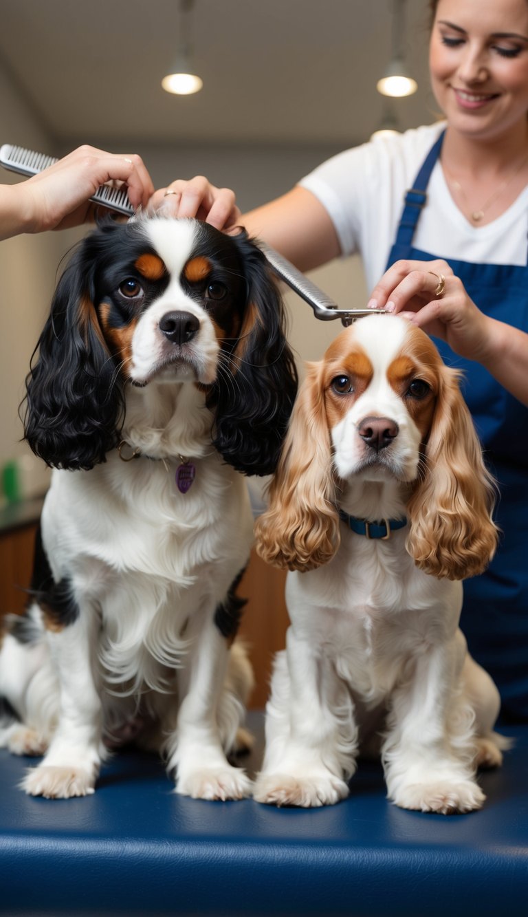 A Cavalier King Charles Spaniel and an American Cocker Spaniel being groomed and having their coats maintained by their owners