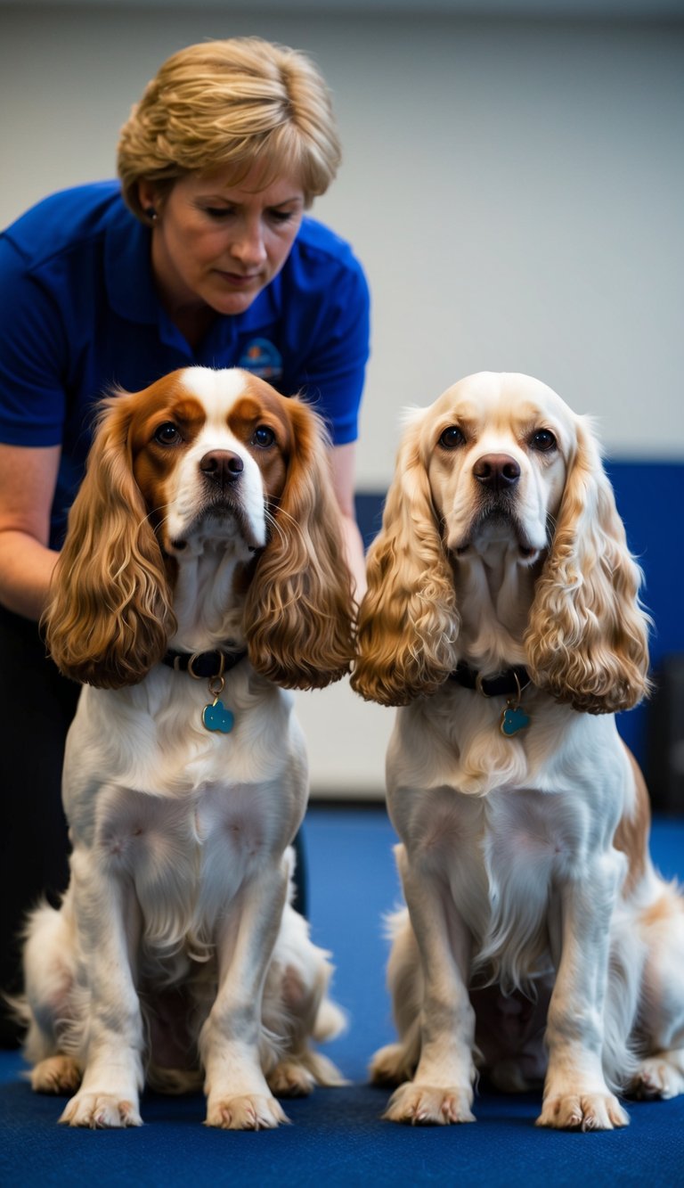 Two elegant spaniels sit side by side, their attentive eyes focused on a trainer. The Cavalier King Charles Spaniel and American Cocker Spaniel exhibit intelligence and readiness to learn