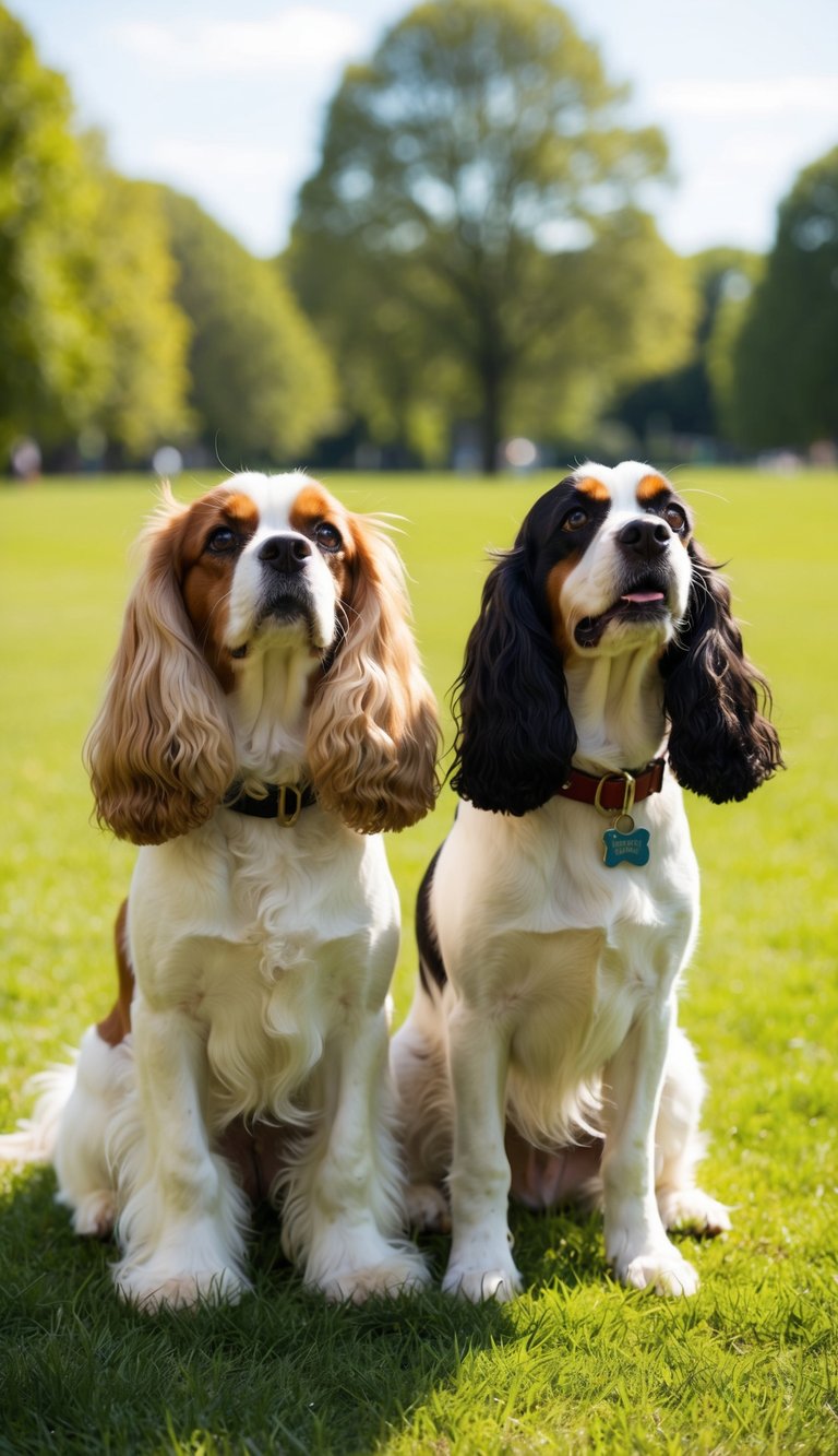 A sunny park with a grassy field, two dogs side by side, one Cavalier King Charles Spaniel and one American Cocker Spaniel, both wagging their tails and looking up at their owners