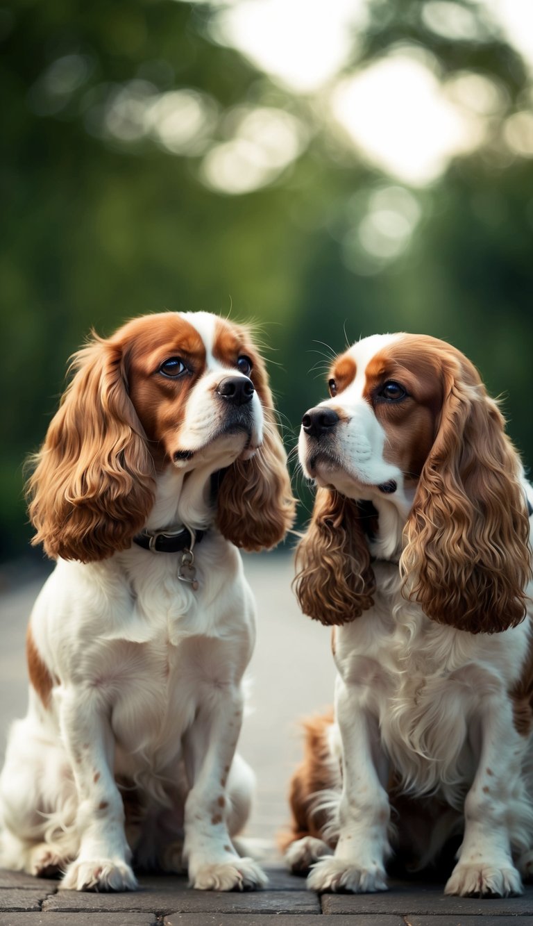 Two dogs, one Cavalier King Charles Spaniel and one American Cocker Spaniel, standing side by side, looking at each other with curiosity
