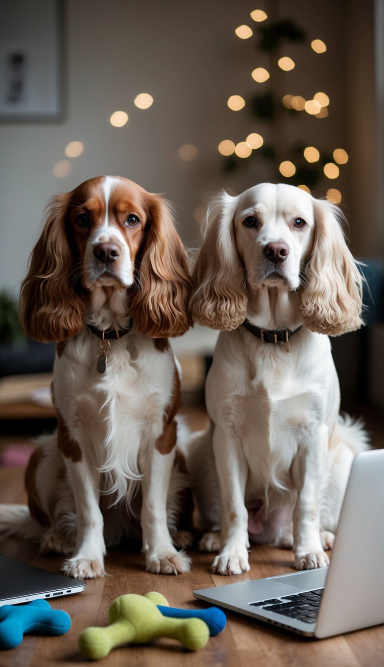 Two elegant spaniels sit side by side, one with a flowing coat and feathered ears, the other with a shorter, sleeker coat. A laptop and dog toys are scattered around them