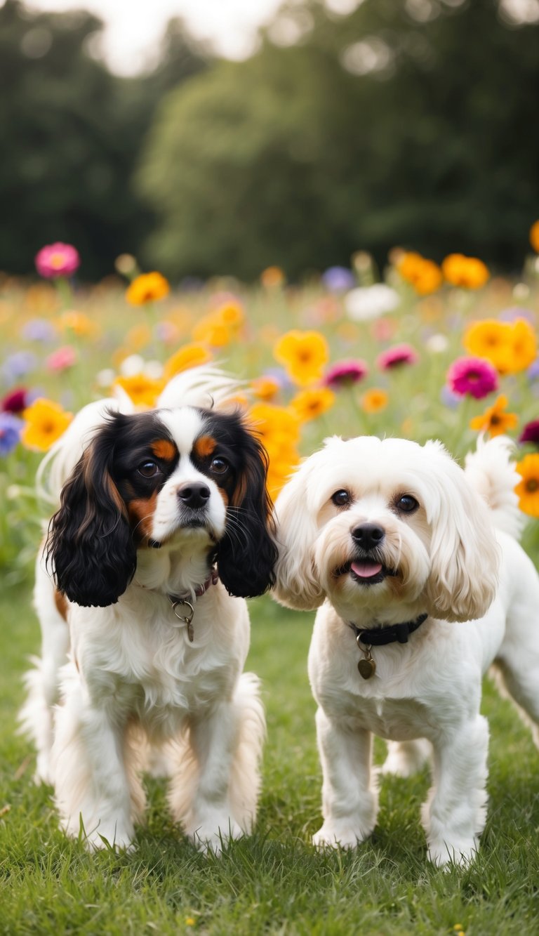 A Cavalier King Charles Spaniel and a Bichon Frise stand face to face, tails wagging, in a grassy field surrounded by colorful flowers