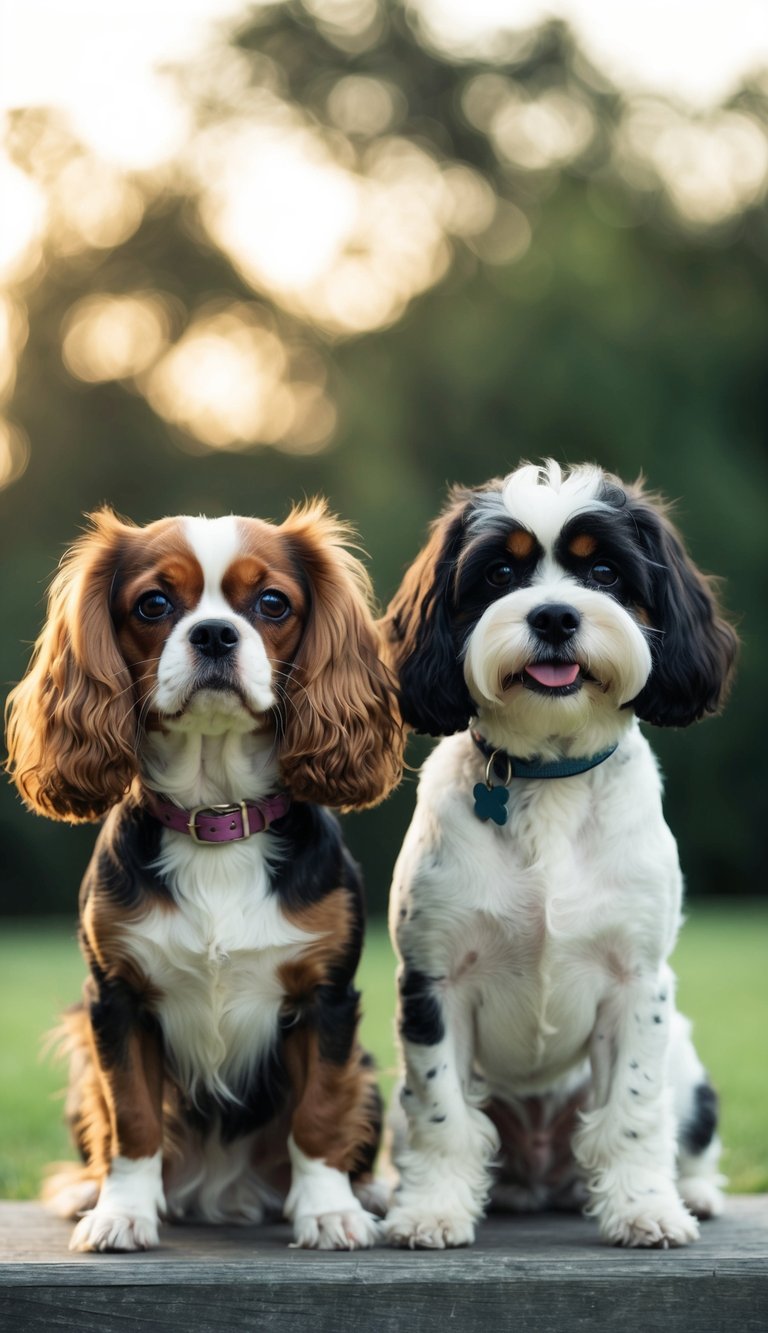 Two small dogs, a Cavalier King Charles Spaniel and a Bichon Frise, standing side by side, showcasing their distinct features and personalities