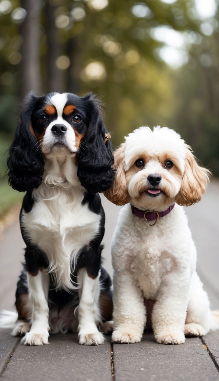 A Cavalier King Charles Spaniel and a Bichon Frise stand side by side, showcasing their distinct physical characteristics - the elegant, flowing coat of the Cavalier and the fluffy, curly fur of the Bichon