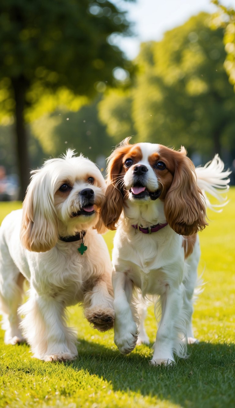 A Cavalier King Charles Spaniel and a Bichon Frise playfully interact in a sunny park, showcasing their distinct temperaments and personalities through their body language and expressions