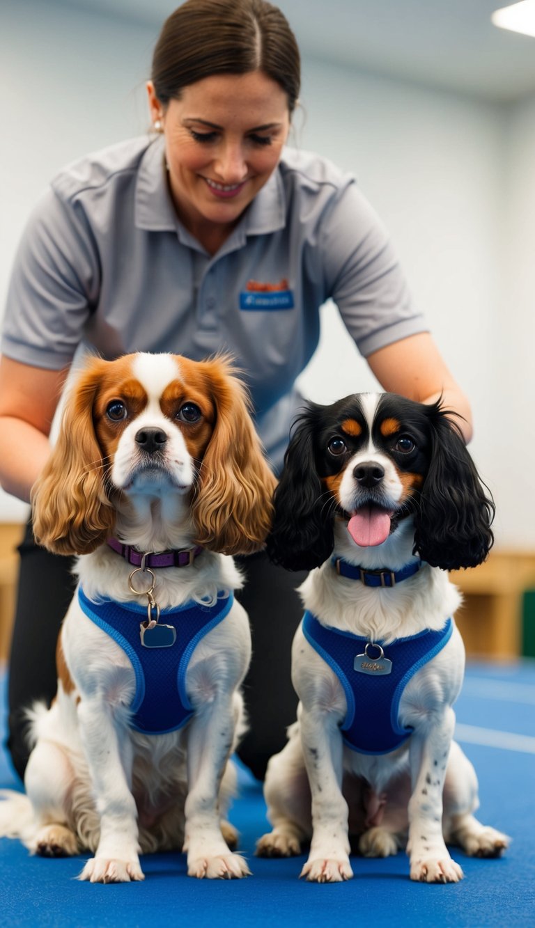 Two small dogs, a Cavalier King Charles Spaniel and a Bichon Frise, sitting side by side in a training class with a trainer