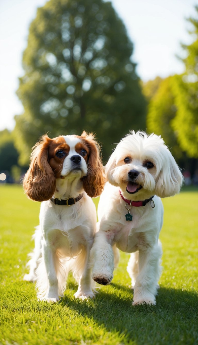 A Cavalier King Charles Spaniel and a Bichon Frise playfully interact in a sunny, grassy park setting, showcasing their distinct physical attributes and personalities
