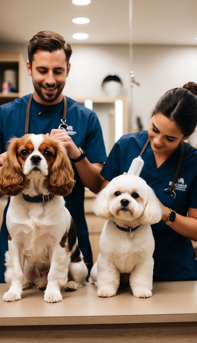 A Cavalier King Charles Spaniel and a Bichon Frise being groomed and cared for by their owners in a cozy, well-lit grooming area