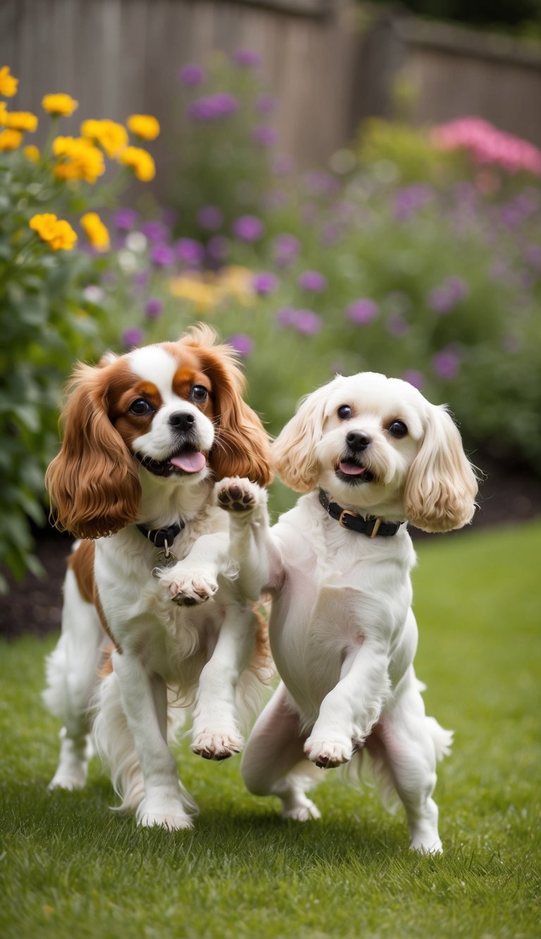 A Cavalier King Charles Spaniel and a Bichon Frise playfully interact in a peaceful garden setting, showcasing their compatibility with other pets