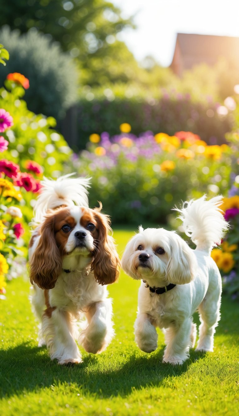 A Cavalier King Charles Spaniel and a Bichon Frise playing in a sunlit garden, surrounded by colorful flowers and greenery