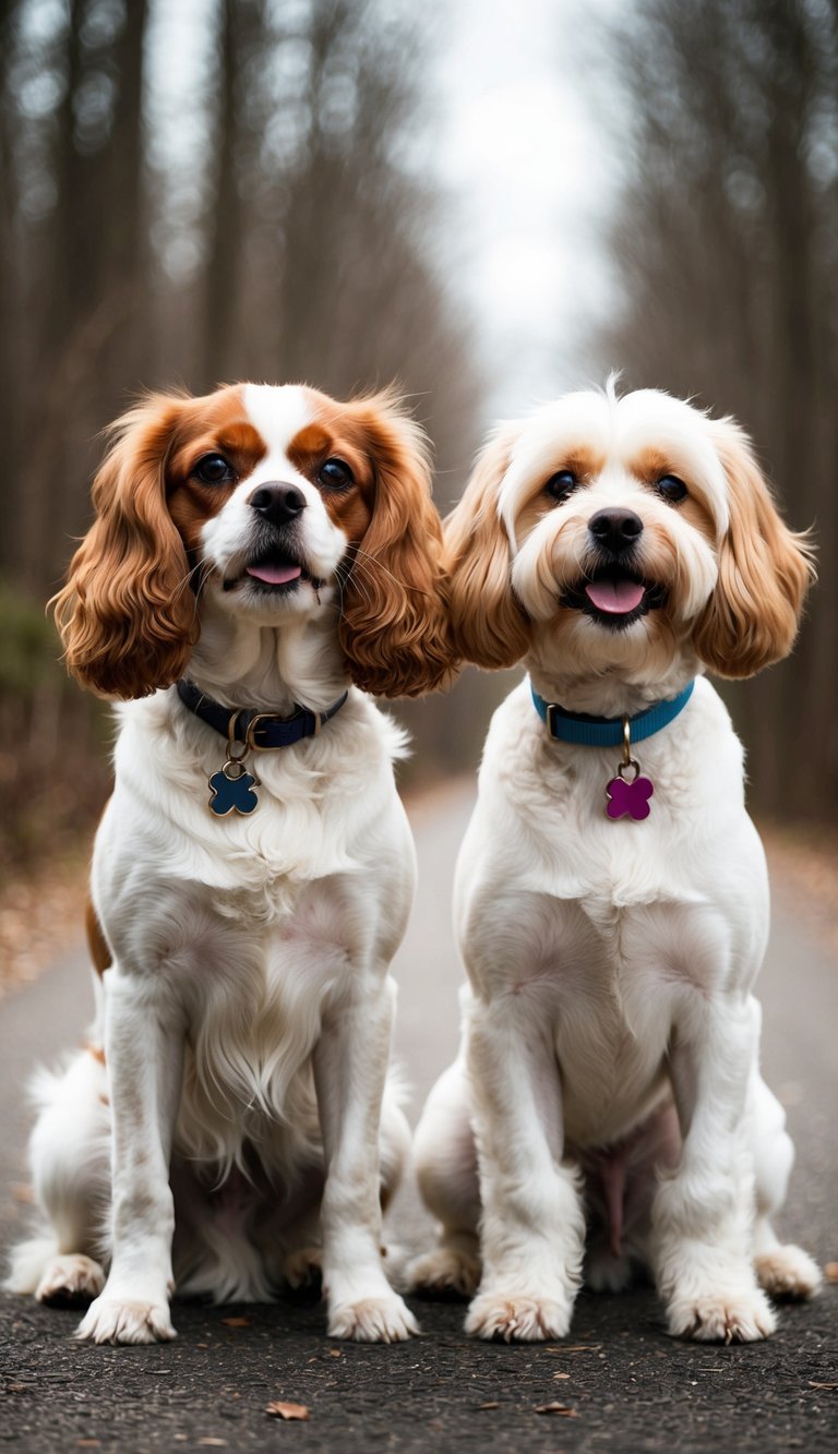 A Cavalier King Charles Spaniel and a Bichon Frise stand side by side, showcasing their distinct coat colors and sizes, with their tails wagging in excitement