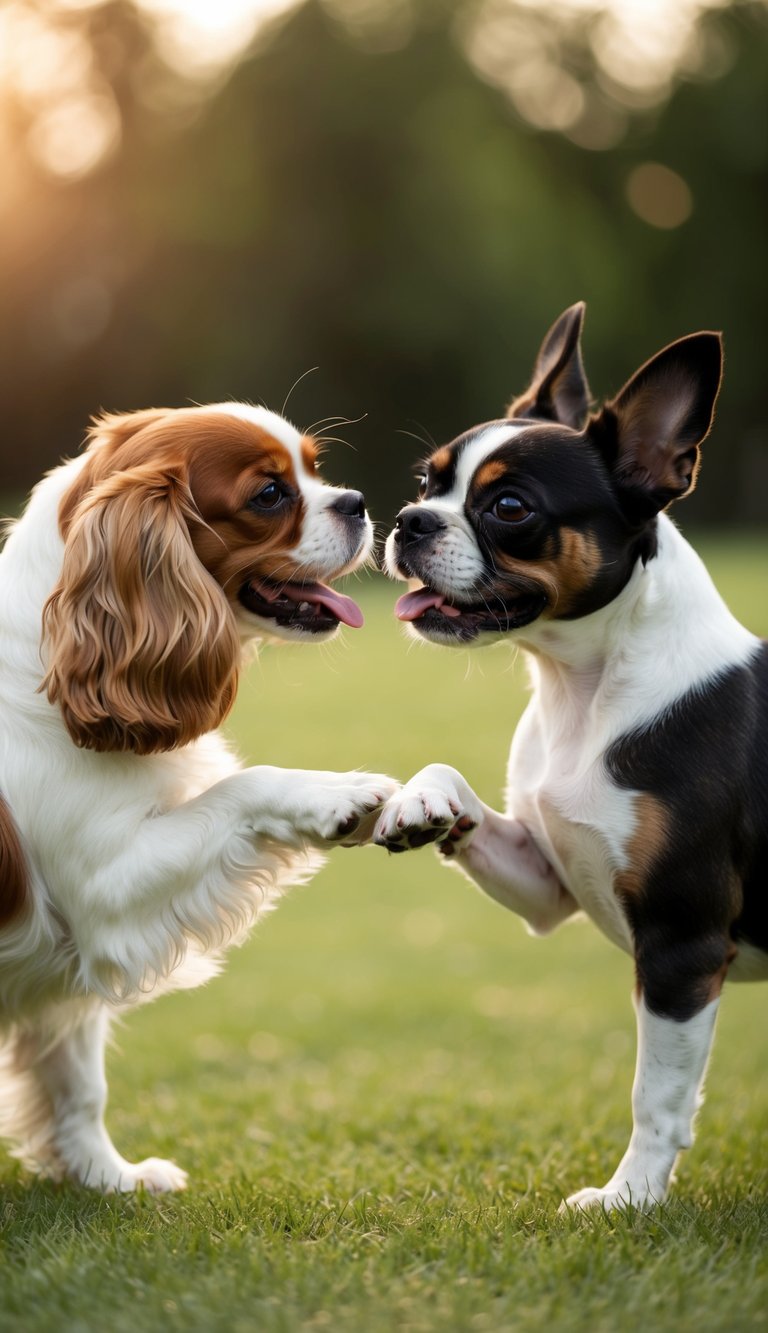 Two small dogs, a Cavalier King Charles Spaniel and a Boston Terrier, face each other in a playful stance, tails wagging and ears perked up