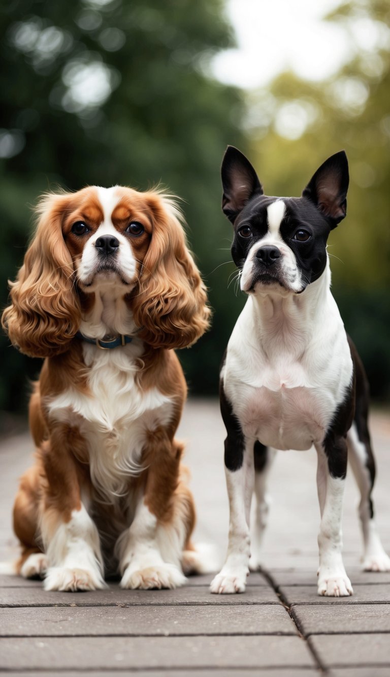 A Cavalier King Charles Spaniel and a Boston Terrier stand side by side, showcasing their distinct breed characteristics. The Spaniel's elegant, flowing coat contrasts with the Terrier's sleek, muscular build