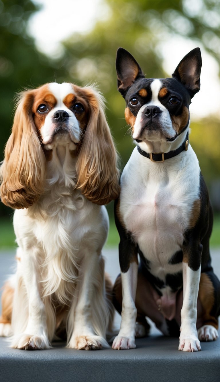 A Cavalier King Charles Spaniel and a Boston Terrier stand side by side, showcasing their distinct physical characteristics. The Spaniel's long, silky fur and elegant posture contrasts with the Terrier's compact, muscular build and distinctive tuxedo-like coat