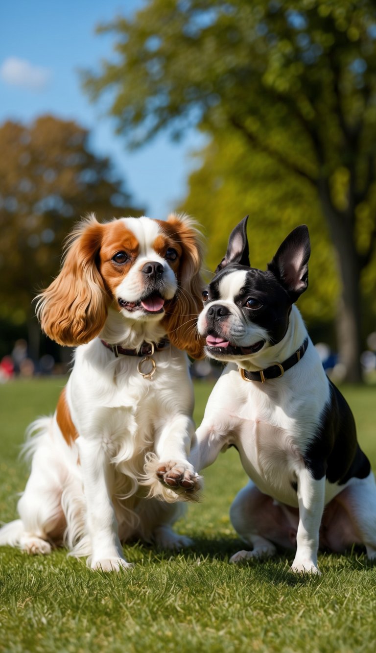 A Cavalier King Charles Spaniel and a Boston Terrier playfully interact in a sunny park, showcasing their distinct temperaments and personalities