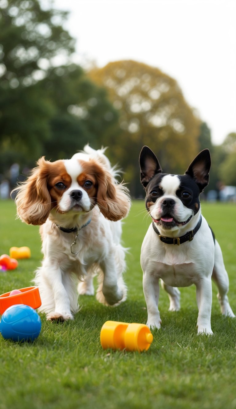 A Cavalier King Charles Spaniel and a Boston Terrier playing in a park, with toys scattered around them
