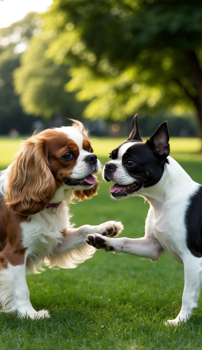 A Cavalier King Charles Spaniel and a Boston Terrier playfully interact in a lush, green park setting, showcasing their unique features and personalities