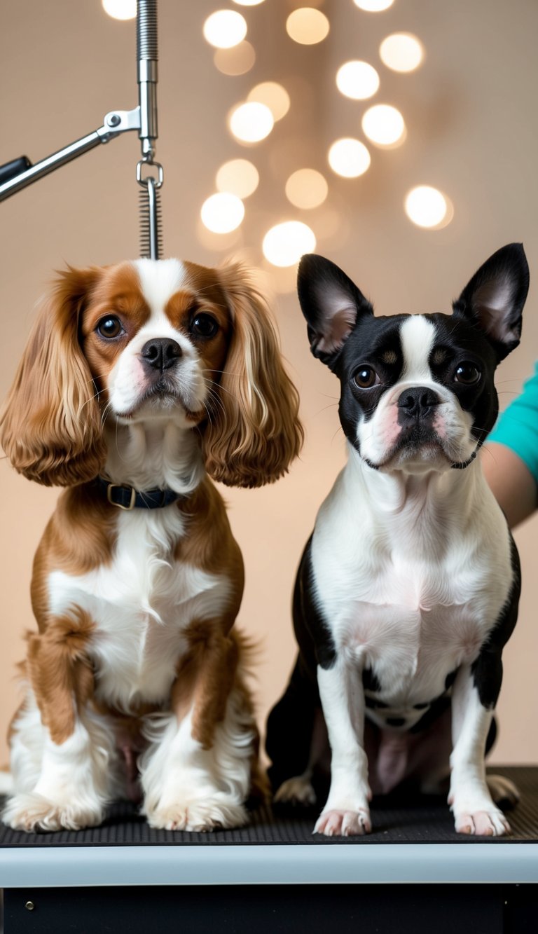 Two small dogs being groomed side by side, one Cavalier King Charles Spaniel and one Boston Terrier