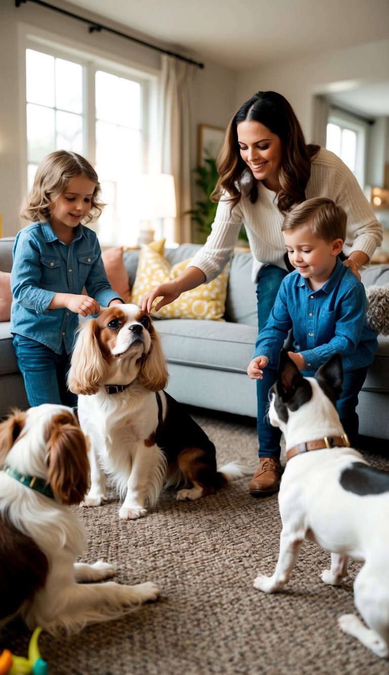 A Cavalier King Charles Spaniel plays with children while a Boston Terrier interacts peacefully with other pets in a cozy living room setting