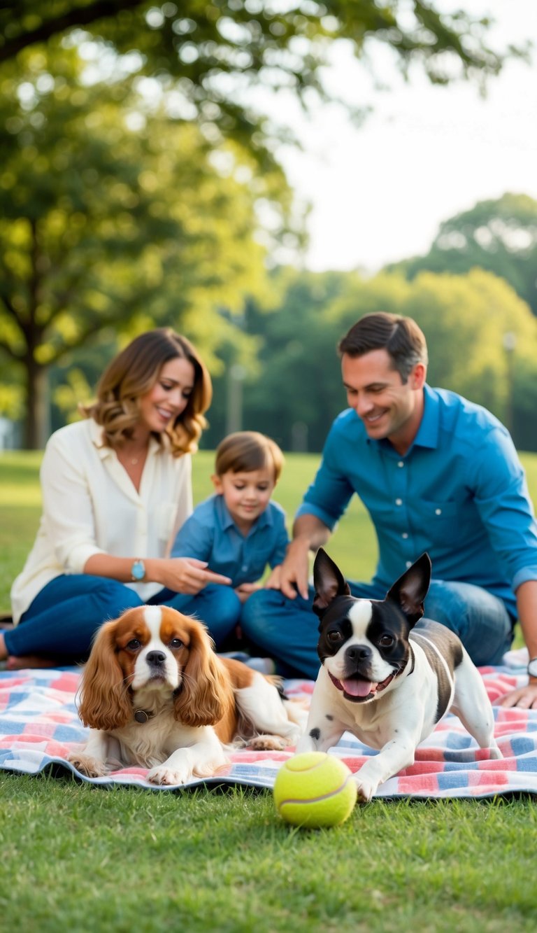A family playing in a park, with a Cavalier King Charles Spaniel lounging by a picnic blanket and a Boston Terrier eagerly fetching a ball