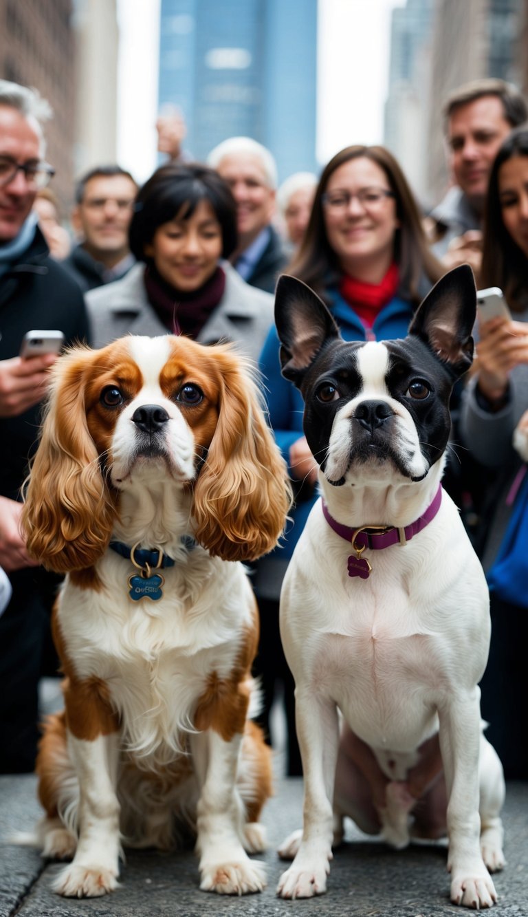 Two dogs, one Cavalier King Charles Spaniel and one Boston Terrier, standing side by side with a crowd of people admiring them