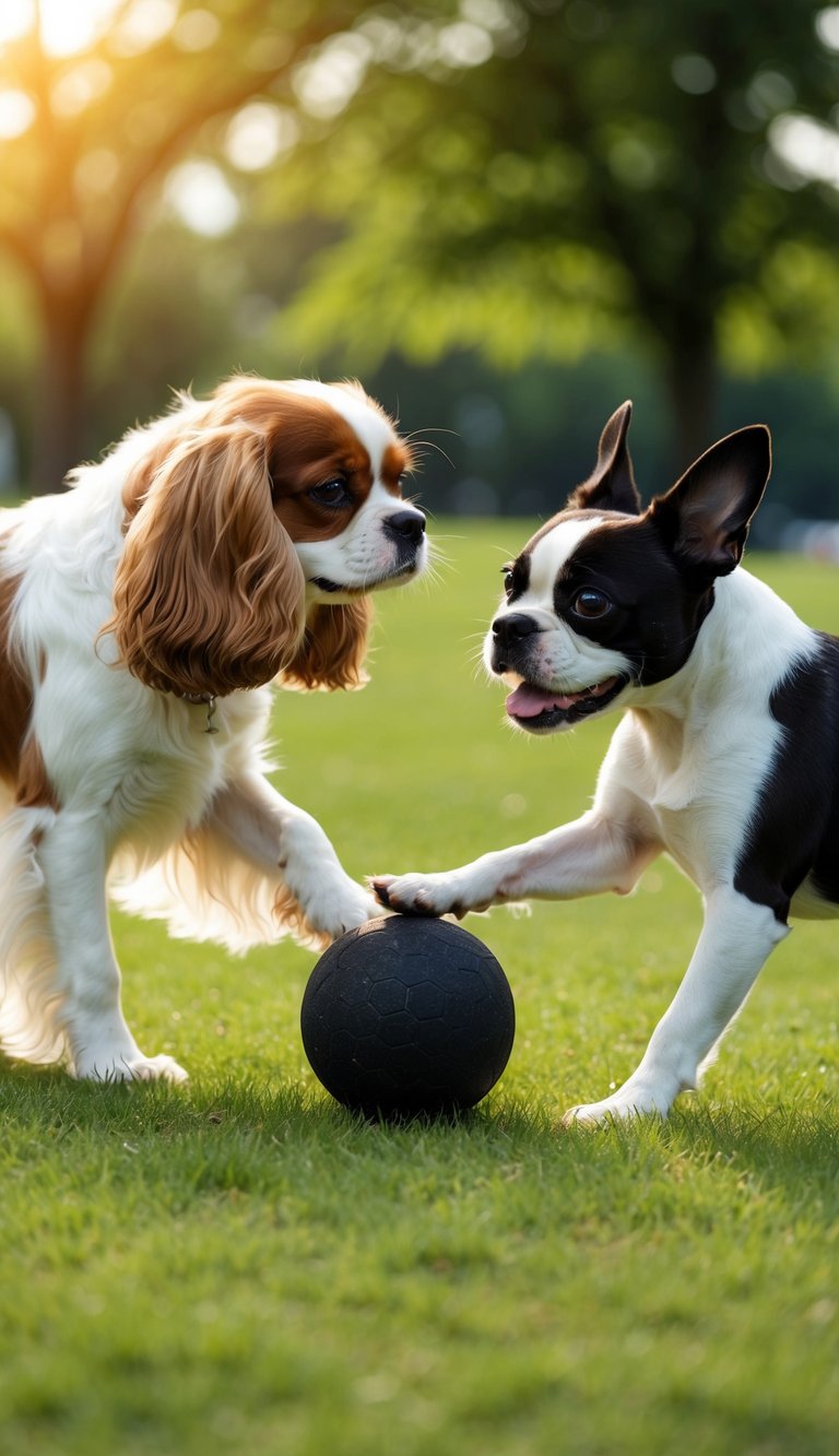 A Cavalier King Charles Spaniel and a Boston Terrier playing in a grassy park, with a ball between them