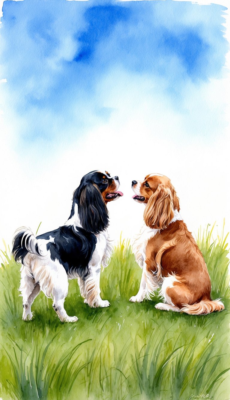 A Cavalier King Charles Spaniel and a Coton De Tulear stand facing each other, tails wagging, in a grassy field with a bright blue sky above