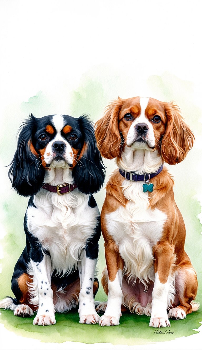 Two small dogs, one Cavalier King Charles Spaniel and one Coton De Tulear, sitting side by side with alert and friendly expressions