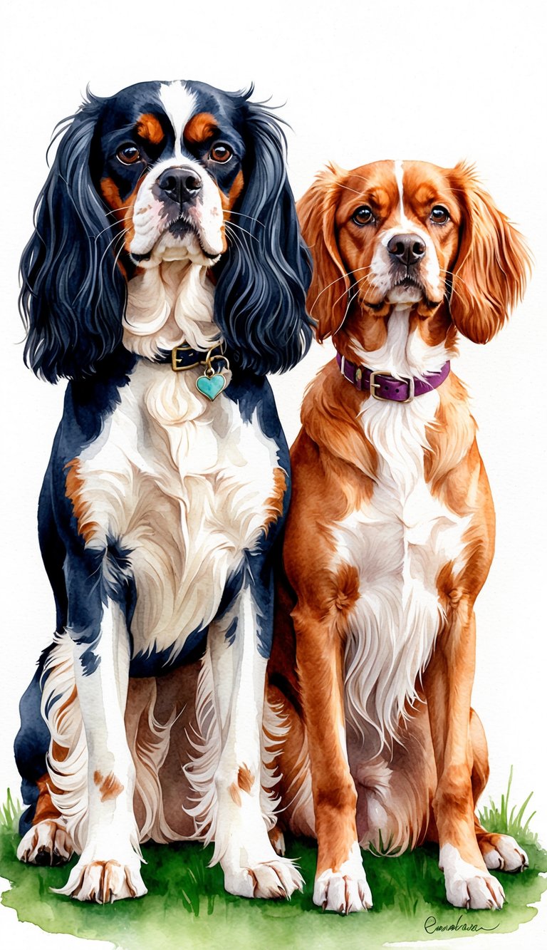 A Cavalier King Charles Spaniel and a Coton De Tulear stand side by side, showcasing their distinct features and personalities