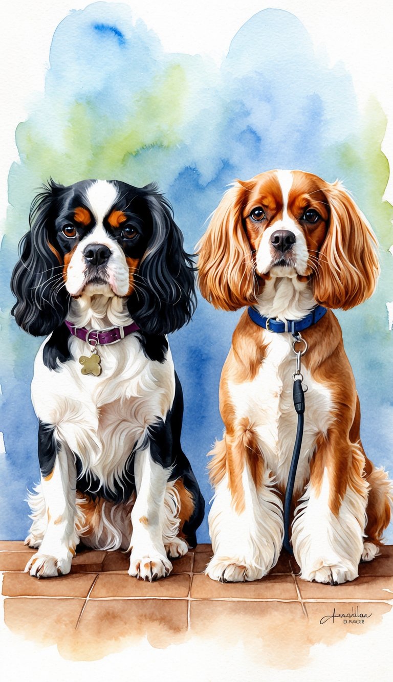 A Cavalier King Charles Spaniel and a Coton De Tulear being groomed side by side