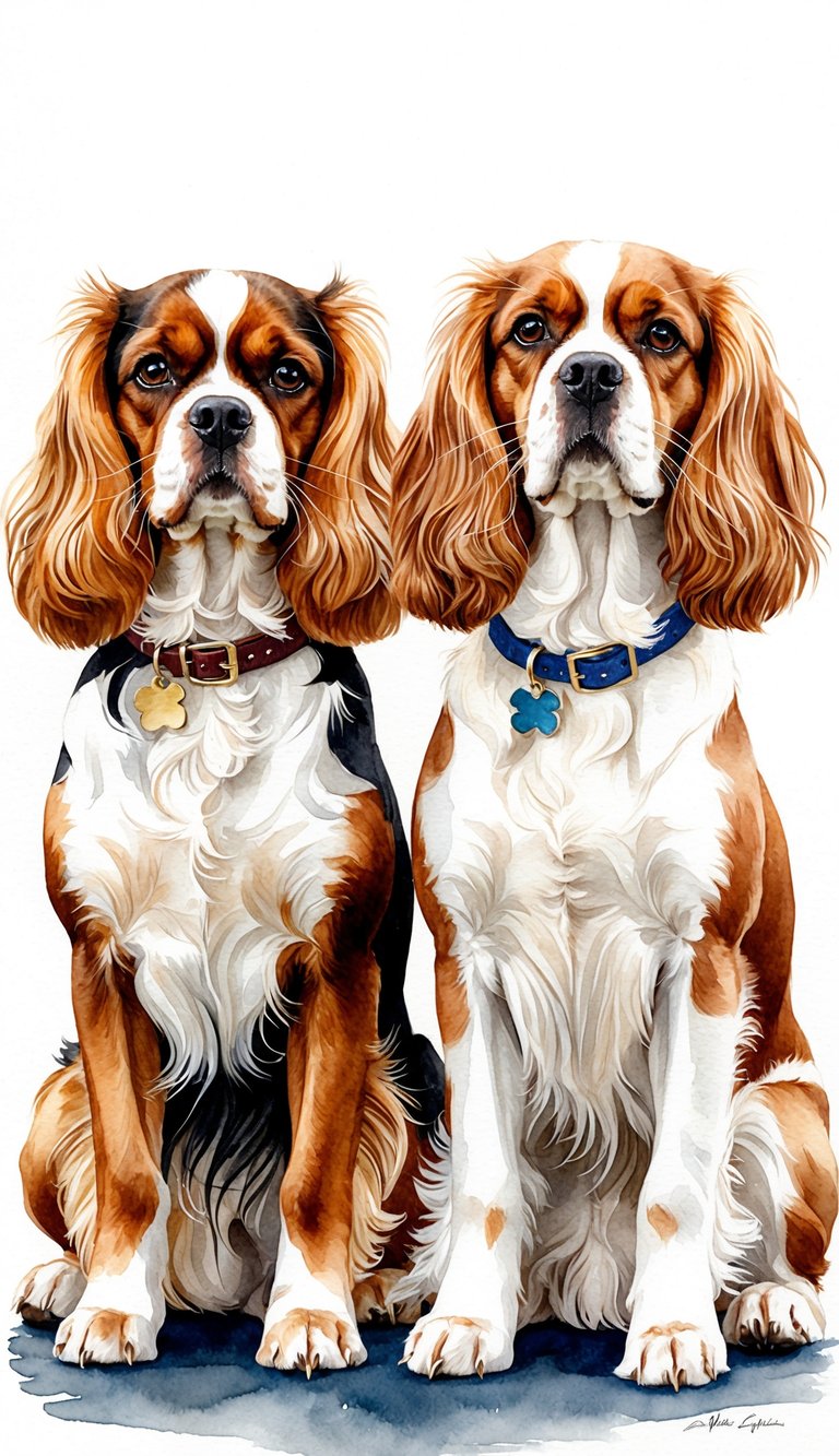 A Cavalier King Charles Spaniel and a Coton De Tulear sit side by side, showcasing their intelligence and trainability through their attentive expressions and poised stances