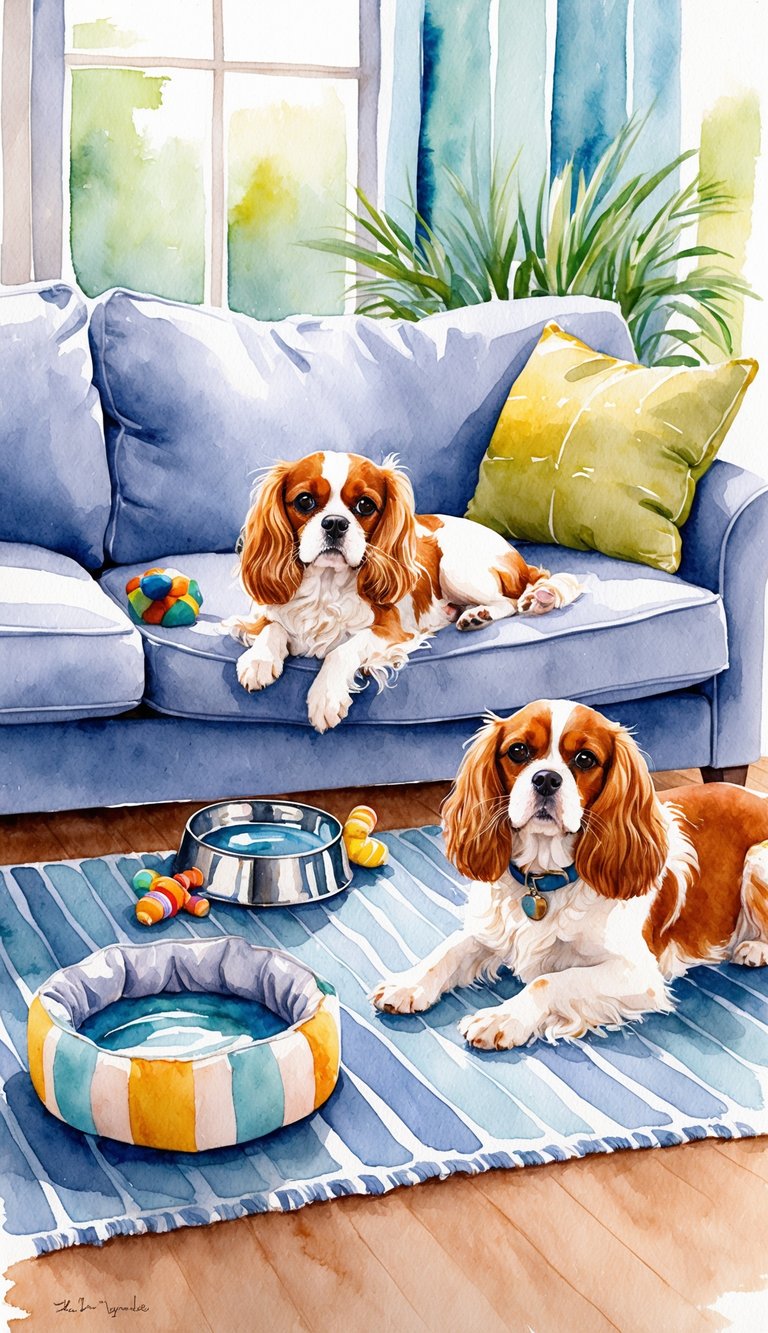 A cozy living room with a comfortable dog bed, toys, and a water bowl. A Cavalier King Charles Spaniel and a Coton De Tulear are peacefully lounging in the room