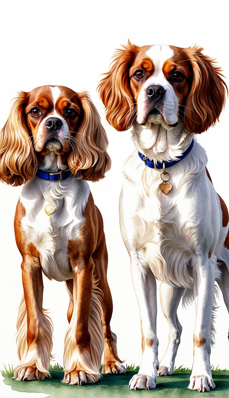 Two elegant dogs, a Cavalier King Charles Spaniel and a Coton De Tulear, stand side by side, each showcasing their unique features and personality