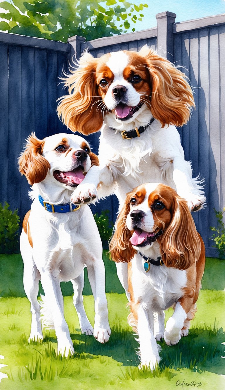 A Cavalier King Charles Spaniel and a Coton De Tulear playfully interact in a sunny backyard, showcasing their distinct features and personalities