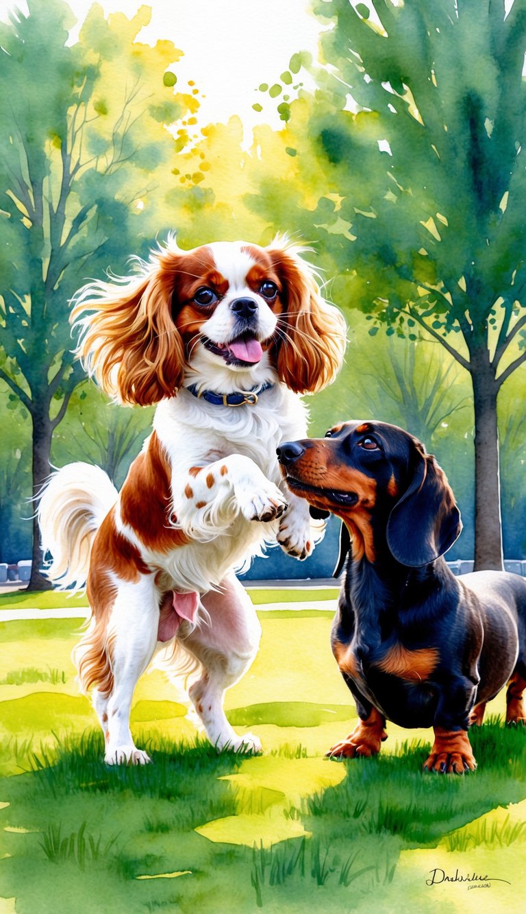 A Cavalier King Charles Spaniel and a Dachshund playfully interact in a sunlit park, showcasing their distinct temperaments and personalities