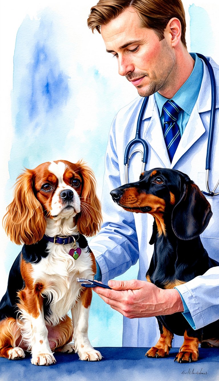 A veterinarian comparing a Cavalier King Charles Spaniel and a Dachshund, examining their size, weight, and health considerations