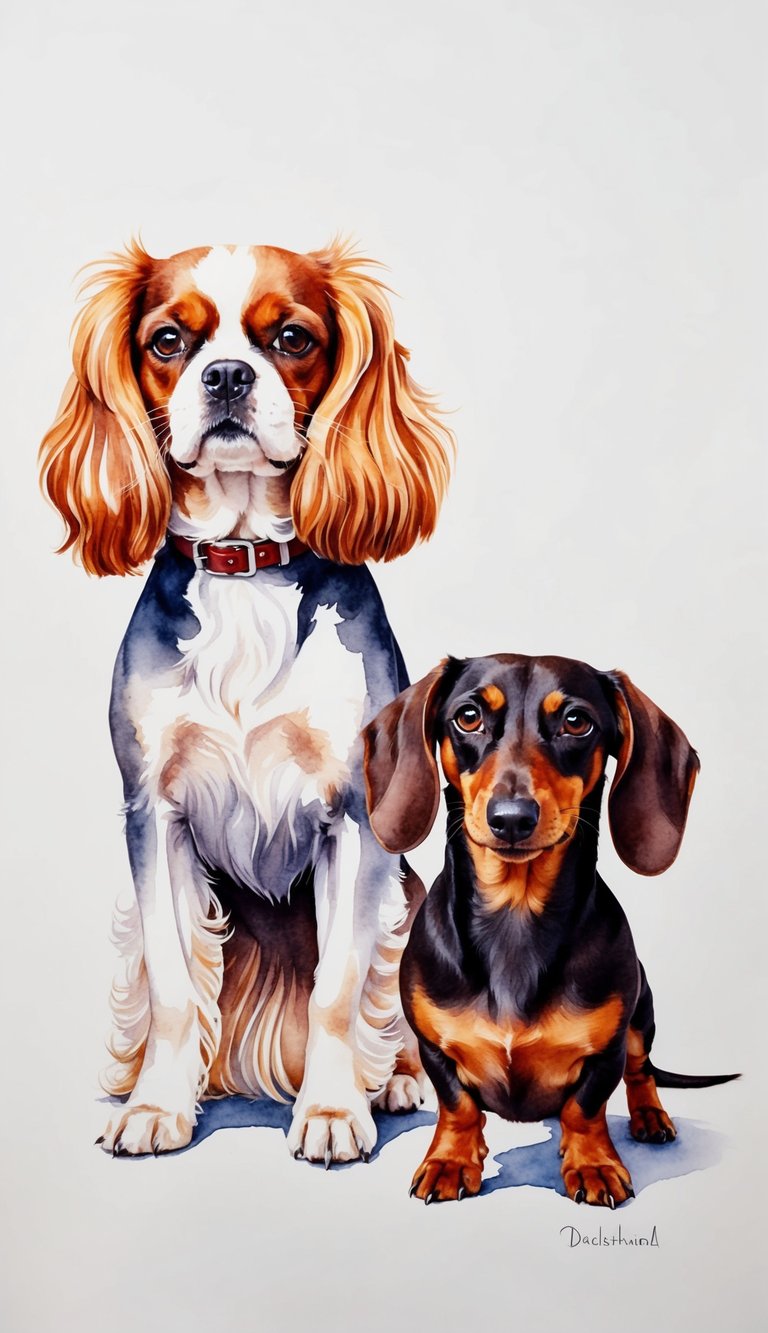 A Cavalier King Charles Spaniel and a Dachshund stand side by side, each showcasing their distinct breed characteristics