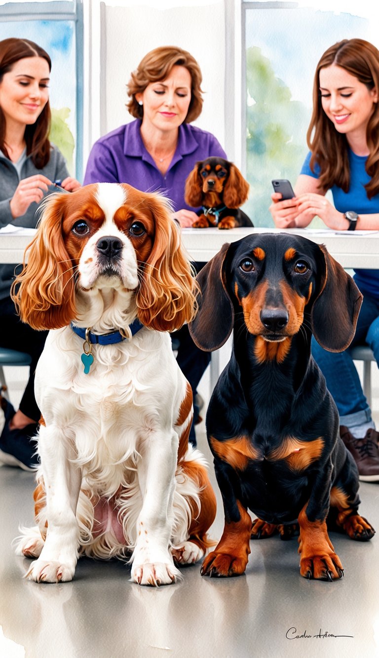 Two dogs, a Cavalier King Charles Spaniel and a Dachshund, sitting side by side in a training class with their owners. The dogs are focused and attentive, surrounded by other dogs and their owners in a socialization class
