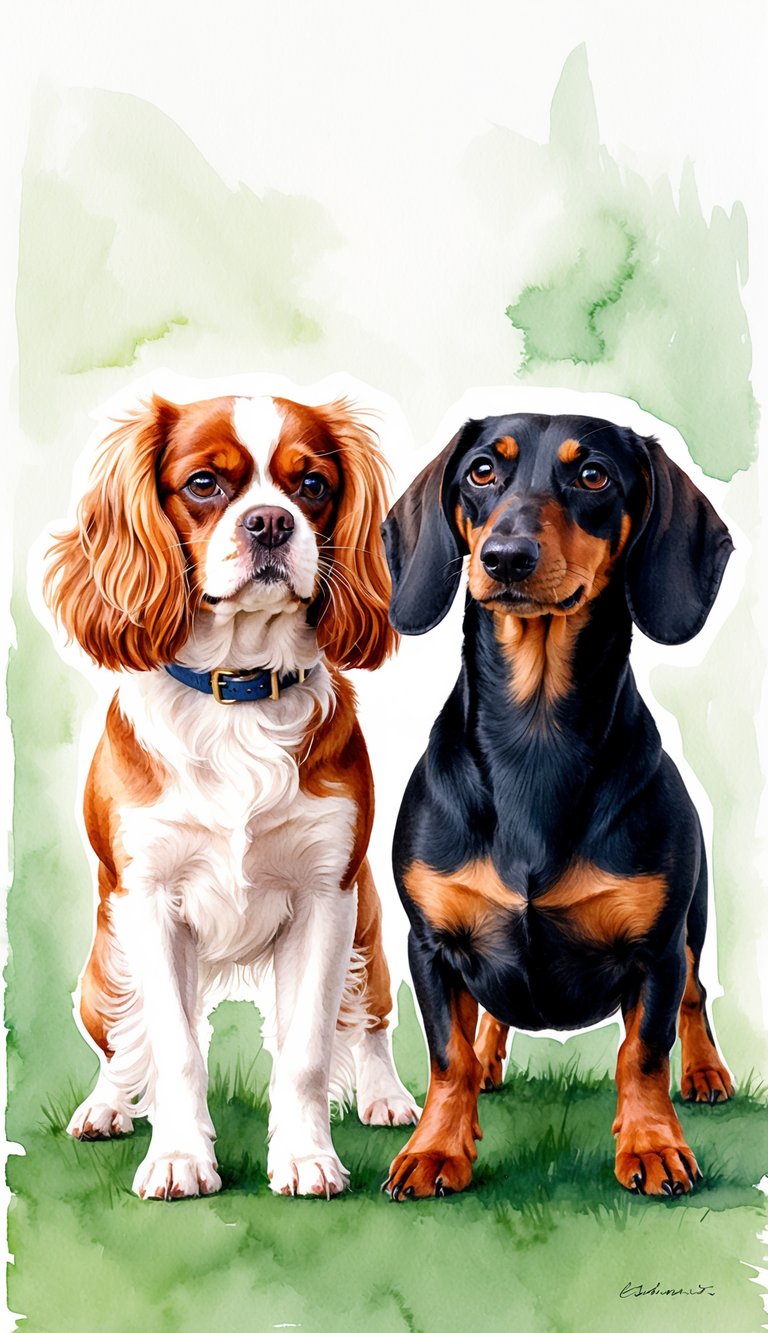 A Cavalier King Charles Spaniel and a Dachshund stand side by side, their distinct features and sizes highlighted in a friendly interaction