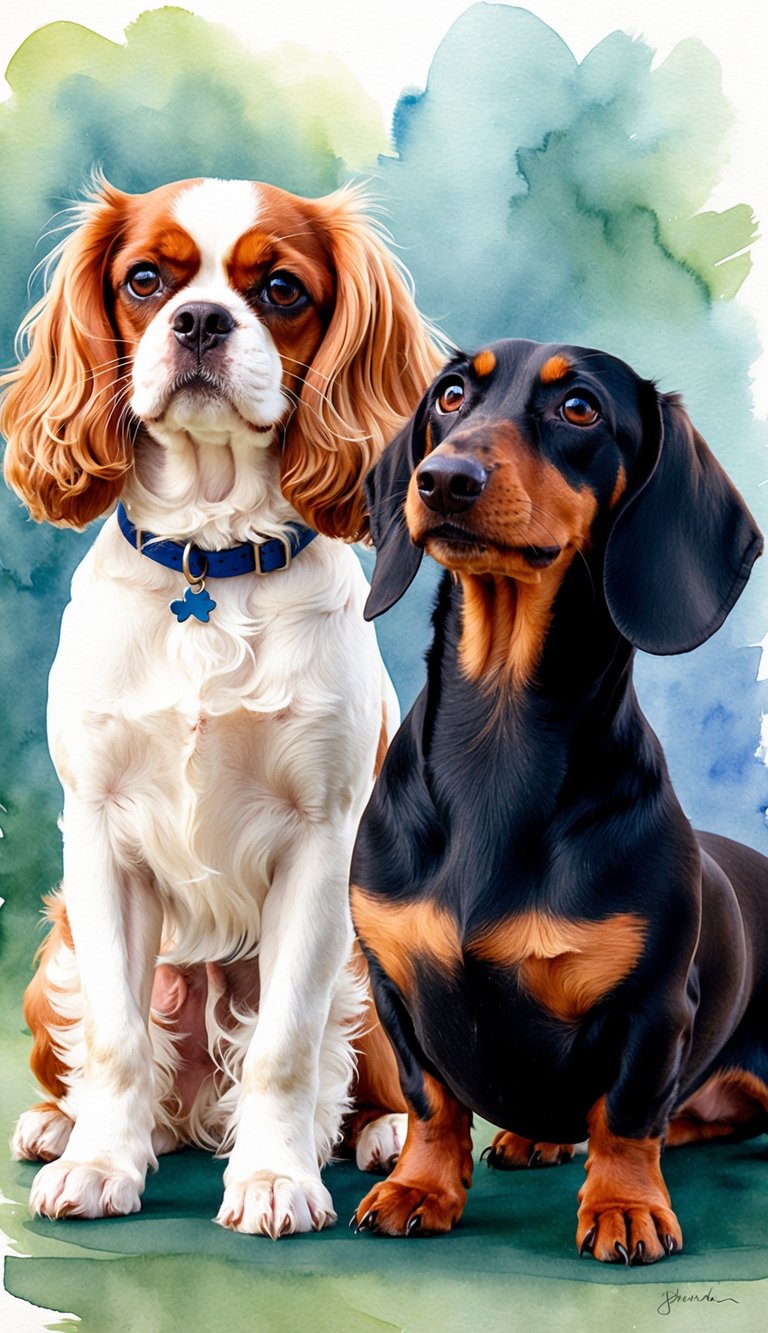 A Cavalier King Charles Spaniel and a Dachshund stand side by side, wagging their tails and looking up at a potential owner with hopeful eyes