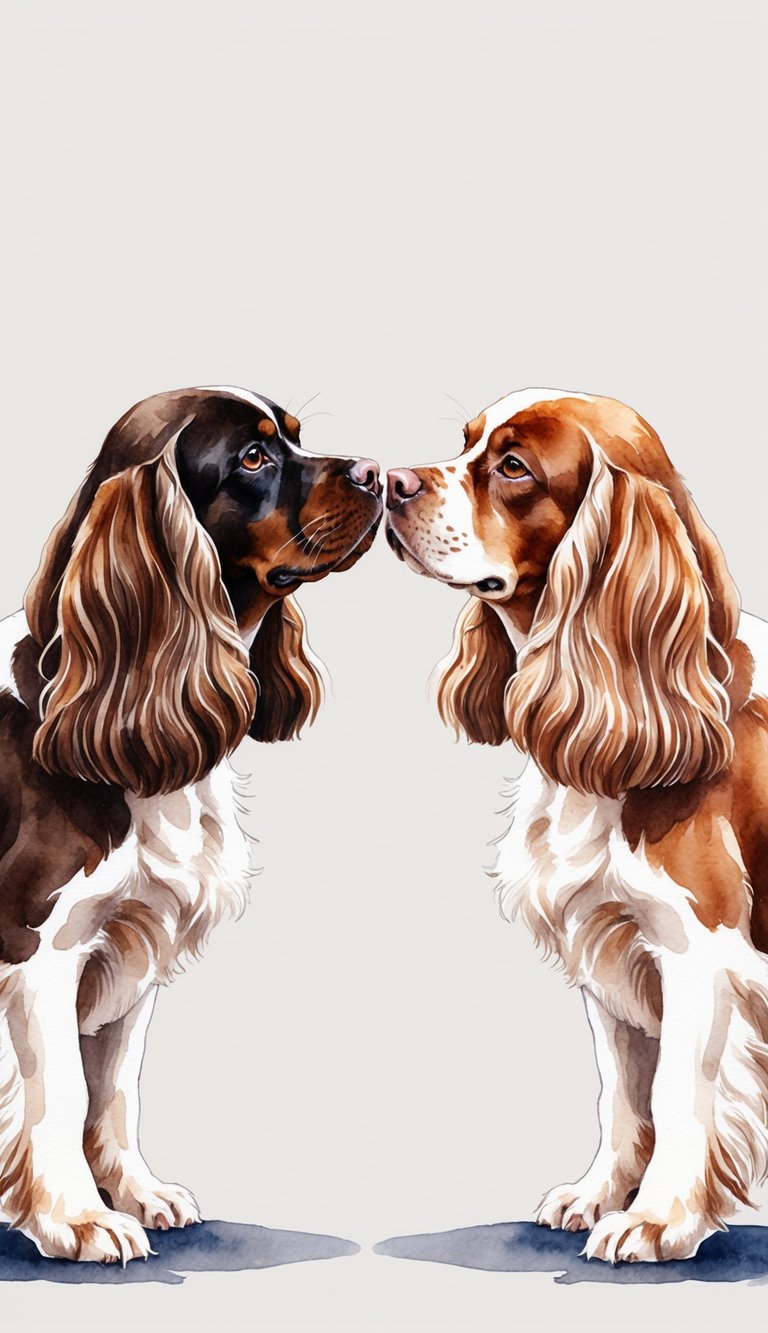 Two elegant spaniels face off, their tails wagging and ears perked, showcasing their distinct features and personalities