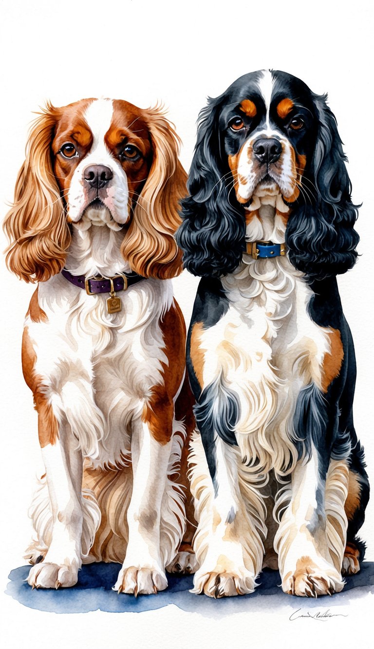 A Cavalier King Charles Spaniel and an English Cocker Spaniel stand side by side, showcasing their distinct coat colors and markings. The two breeds exude elegance and charm, capturing the essence of their rich historical origins