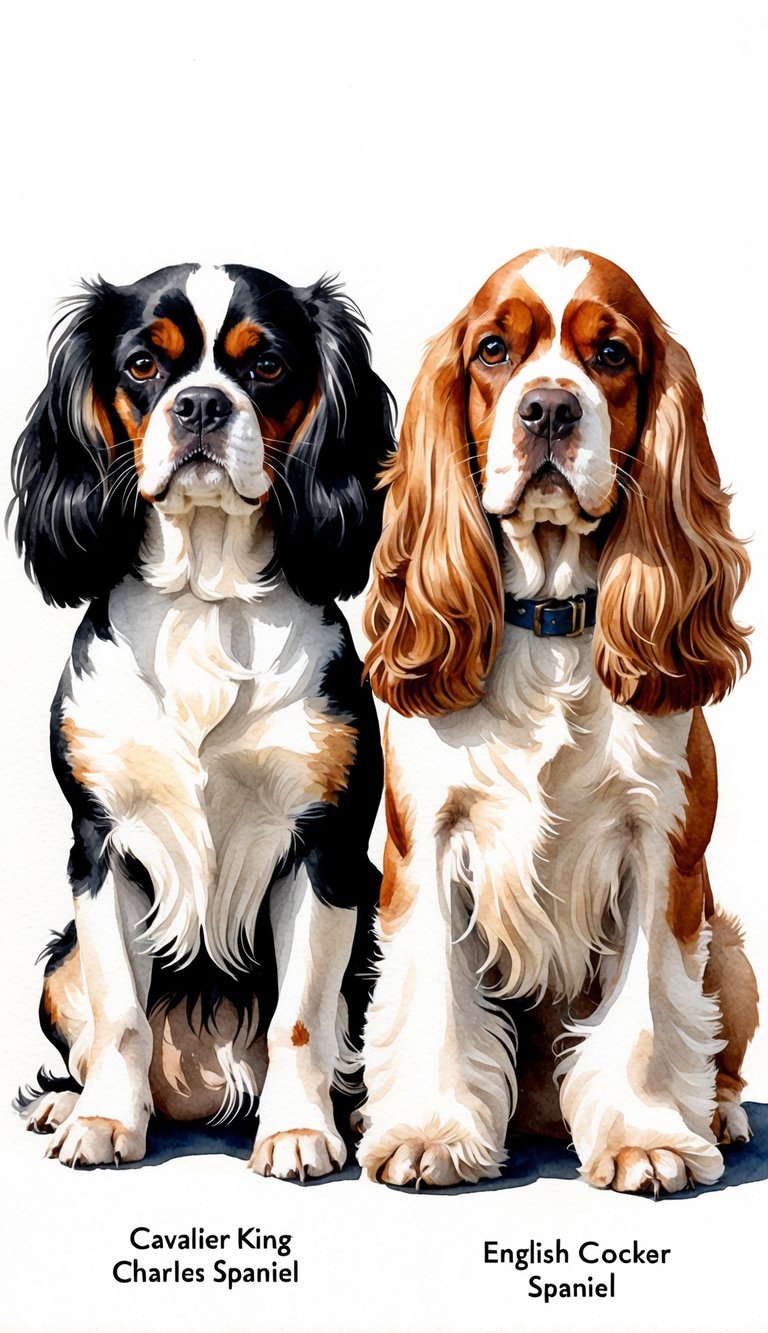 Two small spaniels stand side by side, showcasing their distinct features. The Cavalier King Charles Spaniel has a slightly smaller build with a flatter face, while the English Cocker Spaniel is slightly larger with a more pronounced snout
