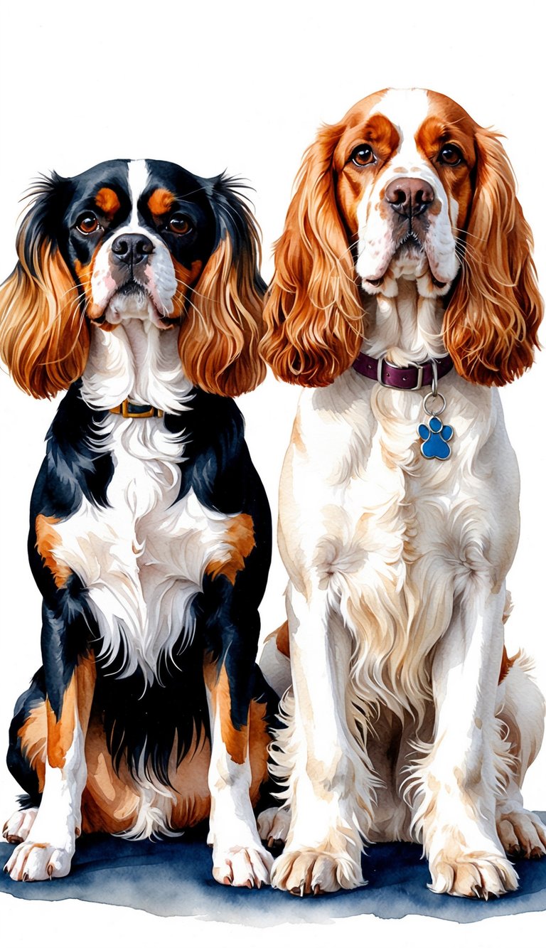 Two dogs, a Cavalier King Charles Spaniel and an English Cocker Spaniel, sitting side by side with distinct expressions and body language reflecting their respective temperament and personality traits