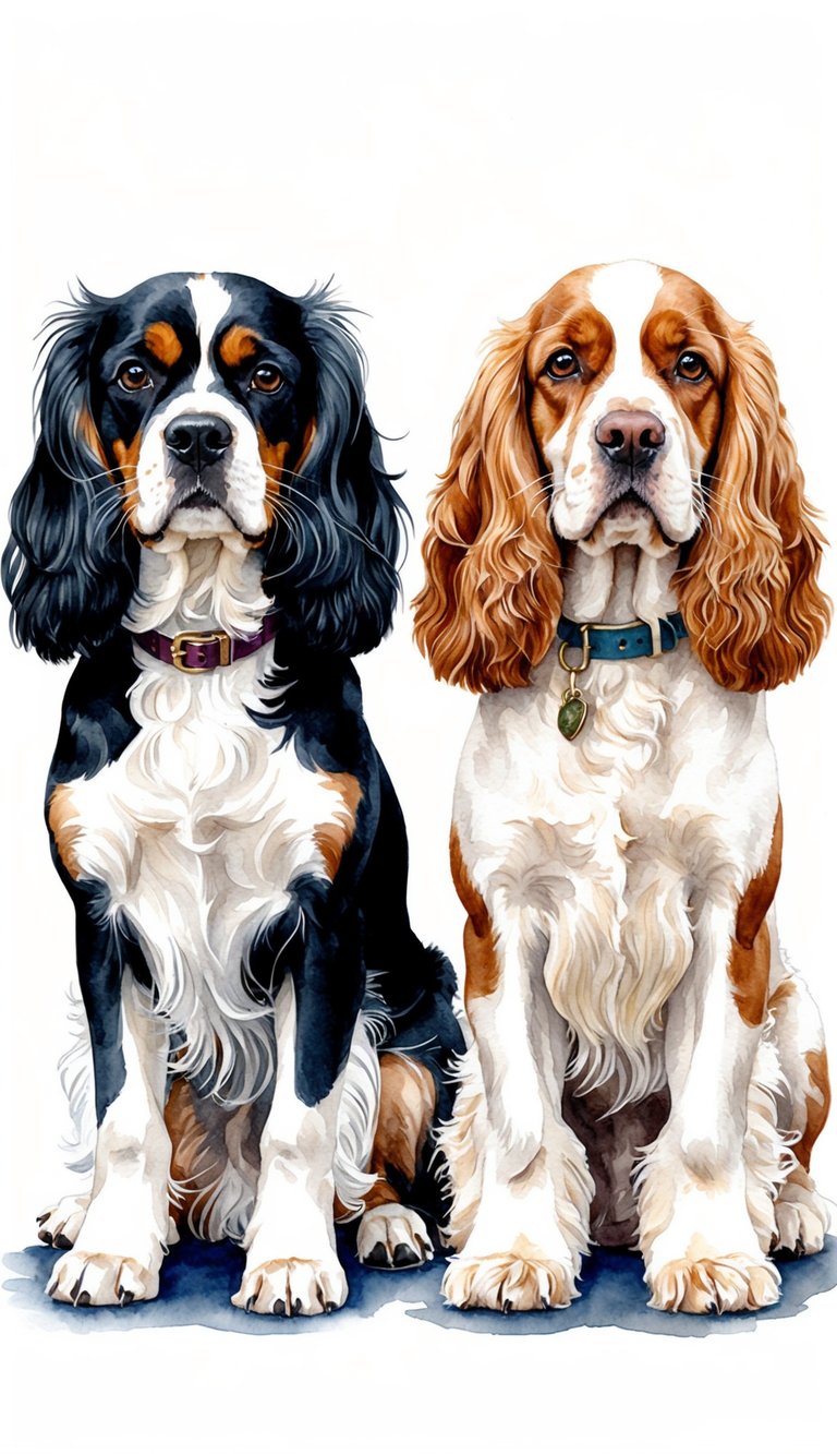 Two Spaniels sit side by side, one Cavalier King Charles Spaniel and one English Cocker Spaniel. Both dogs look alert and attentive, showcasing their trainability and intelligence